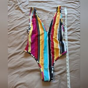 Express rainbow stripe plunge high rise swimsuit
